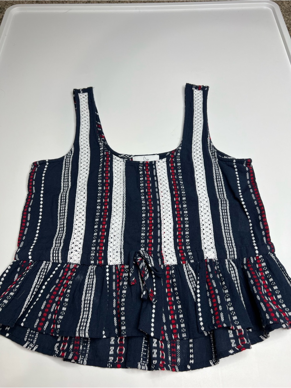 Patrons of peace Women’s Navy Striped Sleeveless Peplum Tank Top XS